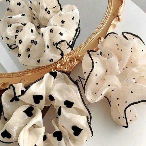 Romantic Sheer Scrunchie Set pf 3 – Hearts, Dots & Florals in Elegant Ivory